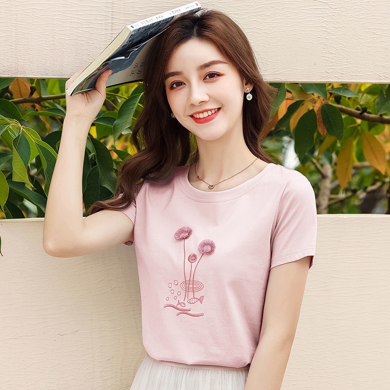 Áo Thun Cotton Tay Ngắn Dáng Ôm Màu Trắng Thêu Họa Tiết Phong Cách Hàn Quốc Thời Trang Cho Nữ