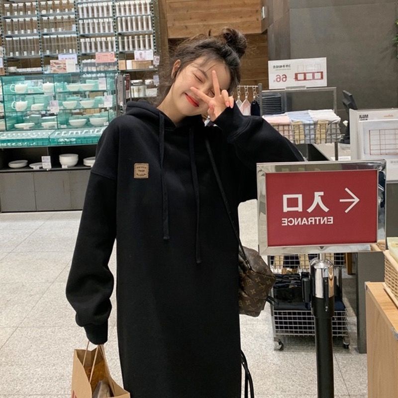 Đầm hoodie tay dài dáng rộng phong cách thu đông thời trang dễ thương cho nữ