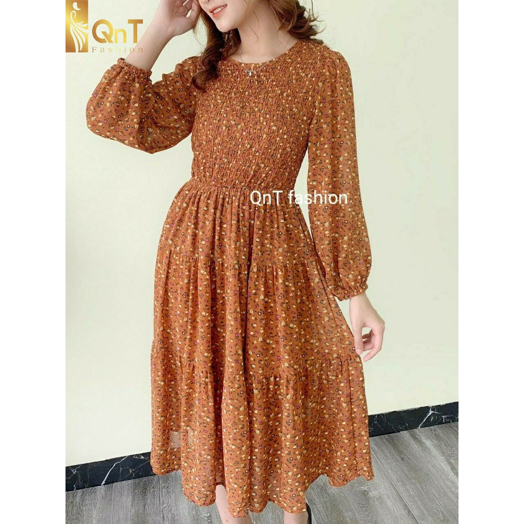 Đầm công sở thiết kế-Đầm Hoa Nhí Nhún Chun Thân đi làm hay dạo phố-Đầm công sở Có Chun Mặc Thoải Mái,lên dáng rất đẹp