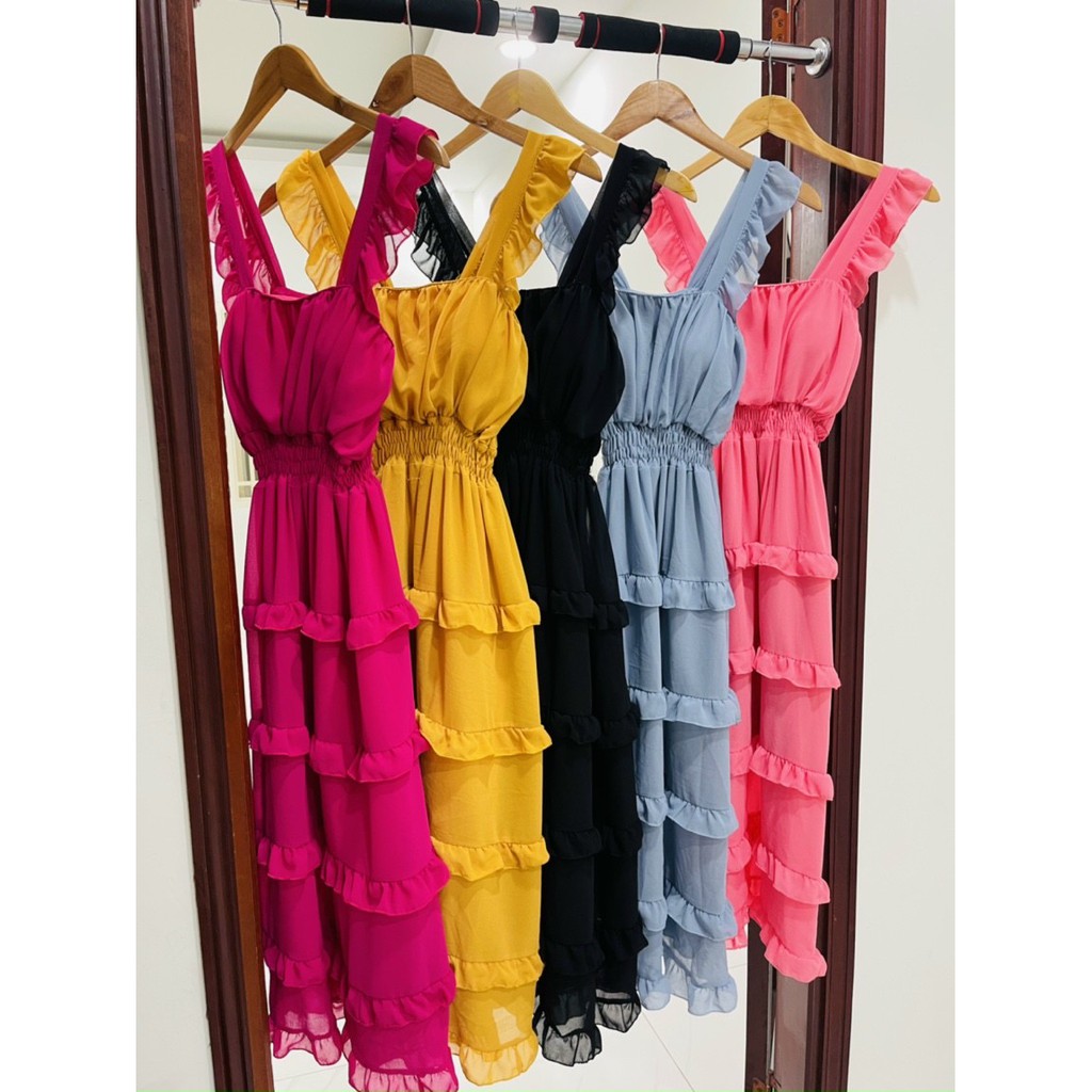 Đầm maxi vải voan tay cánh tiên có lót trong 5 tầng tiểu thư hot trend