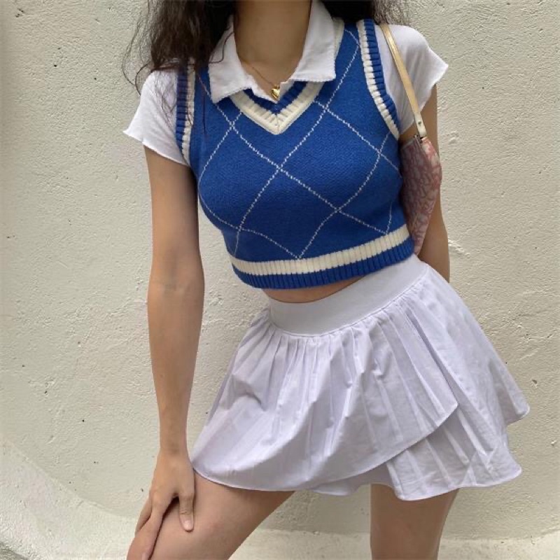 Áo Gile Len Cộc Tay Dáng Croptop Form Ôm Kẻ Vuông Nữ