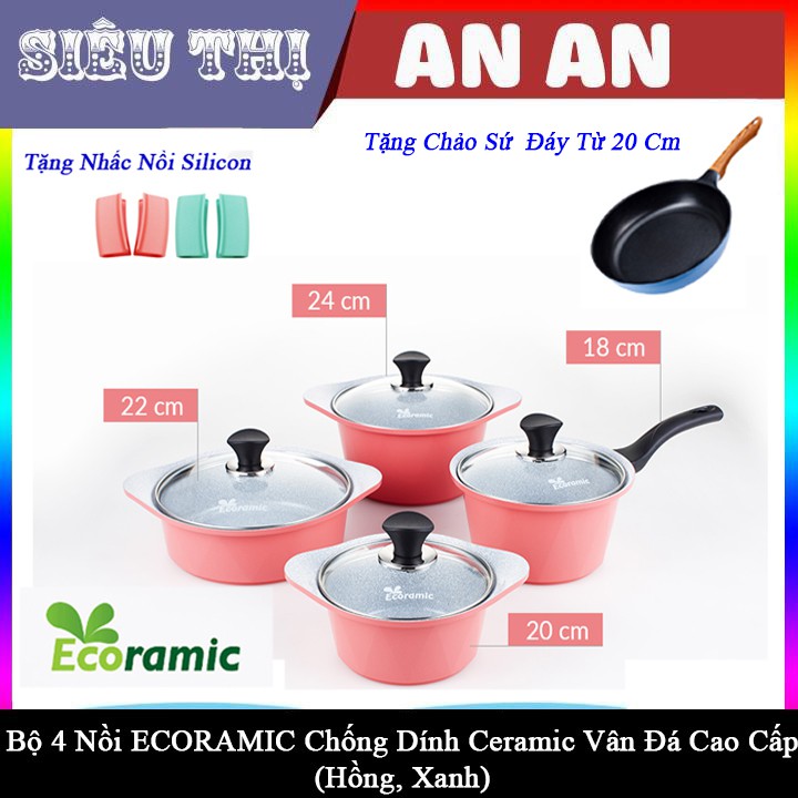 Bộ 3 nồi gốm sứ ECORAMIC bếp từ chống dính size 20 22 24 cm màu hồng tặng 2 nhắc nồi sillicon chảo sứ 22cm hộp thủy tinh