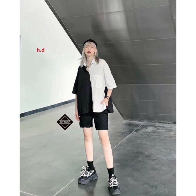 Áo sơ mi nữ tà đen tà trắngSơ mi phối đen trắng freesize ulzzang Thời trang công sở cá tính trend