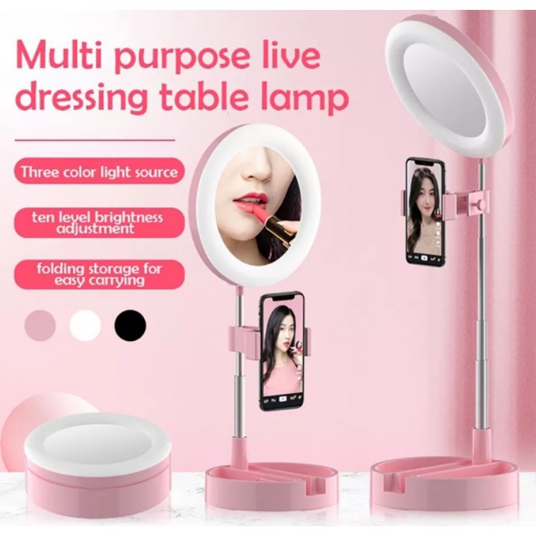 [ Giá Rẻ ] Chân đế Live Stream kèm gương - có đèn LED - Kẹp điện thoại - Có thể gấp gọn.