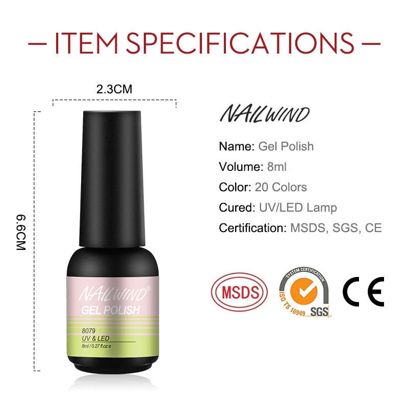 Sơn mềm gel móng tay NAILWIND Rosalind 8ml màu trơn thiết kế móng tay nghệ thuật sấy dưới đèn LED / UV 8061