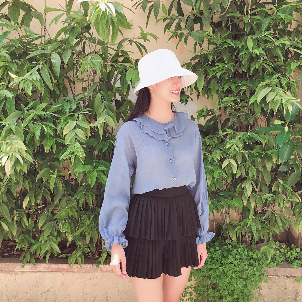 Áo sơ mi nữ form rộng tay dài vải voan màu xanh