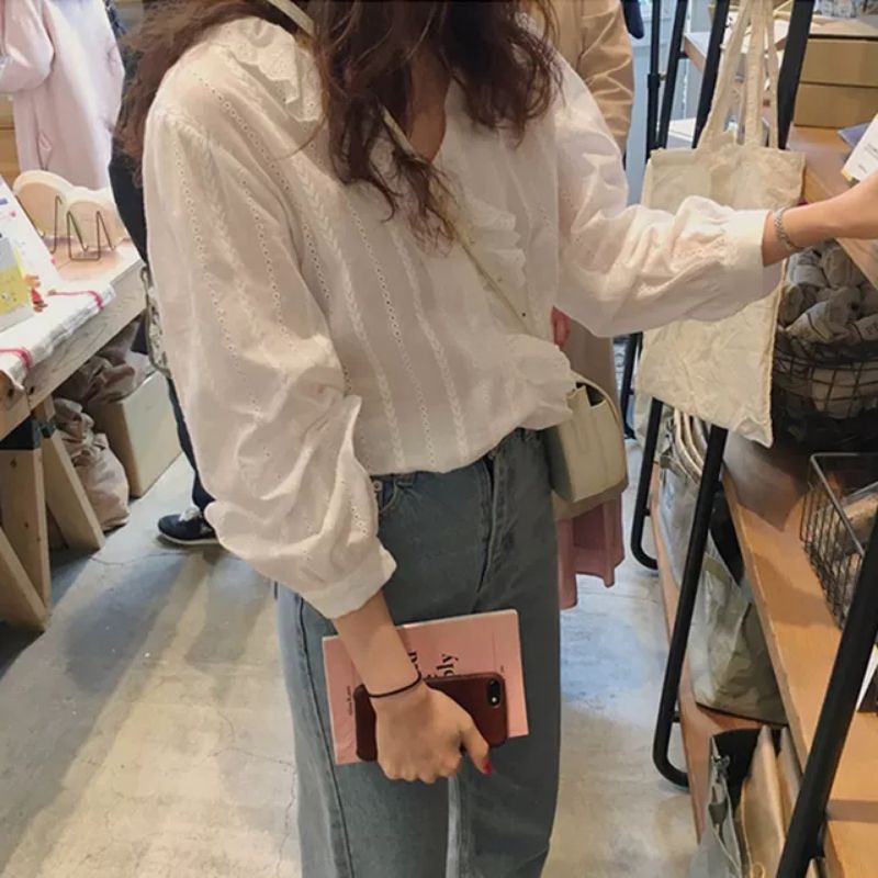 áo sơ mi cổ v bèo lệch vintage ảnh thật