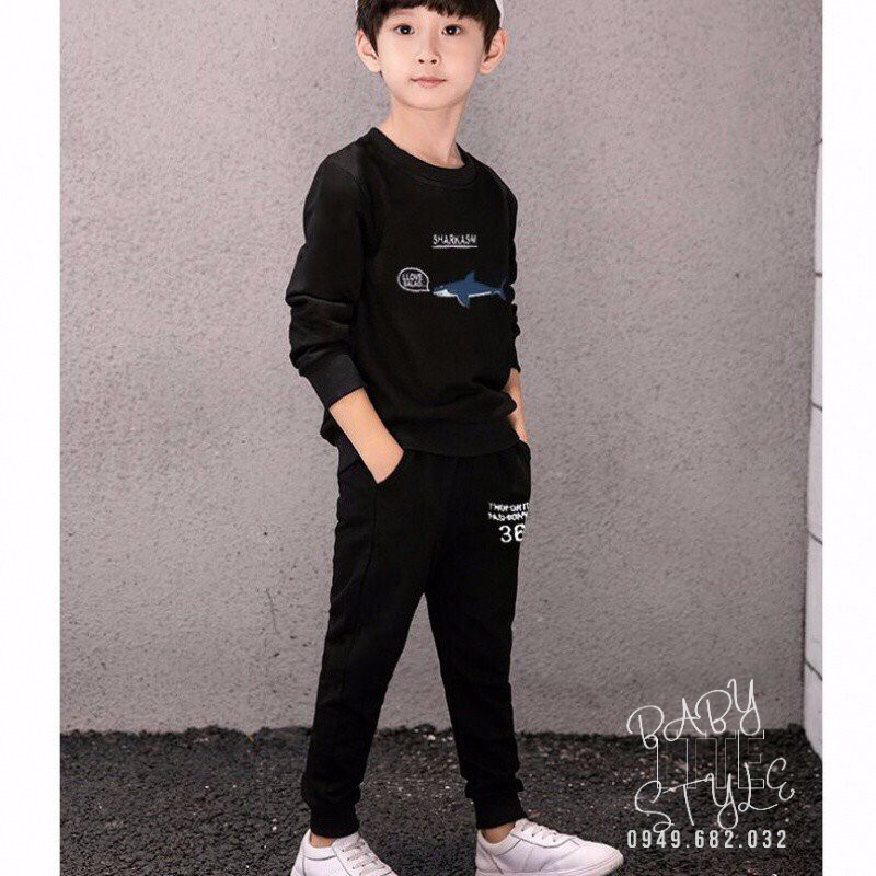 Bộ quần áo dài tay thu đông &quot;CÁ MMẬP&quot; 14-48kg cho bé trai. Đồ bộ dài tay cho bé 4-14 tuổi. B25