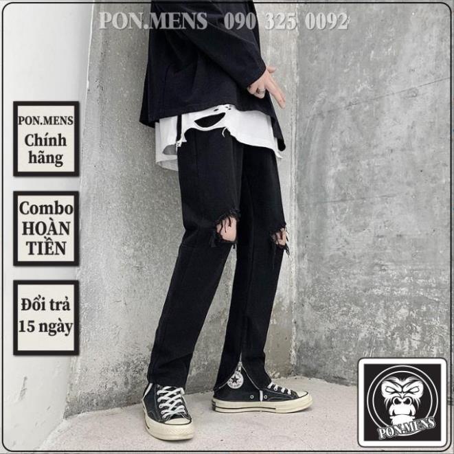 Quần jean nam màu đen ống suông rách gối pon.mens hà nội hcm Đẹp