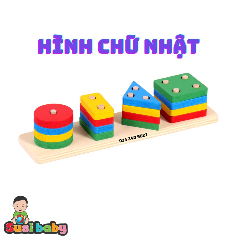 [KÈM QUÀ TẶNG] Đồ chơi gỗ thả hình khối 4 trụ hình vuông, hình chữ nhật - đồ chơi cho bé