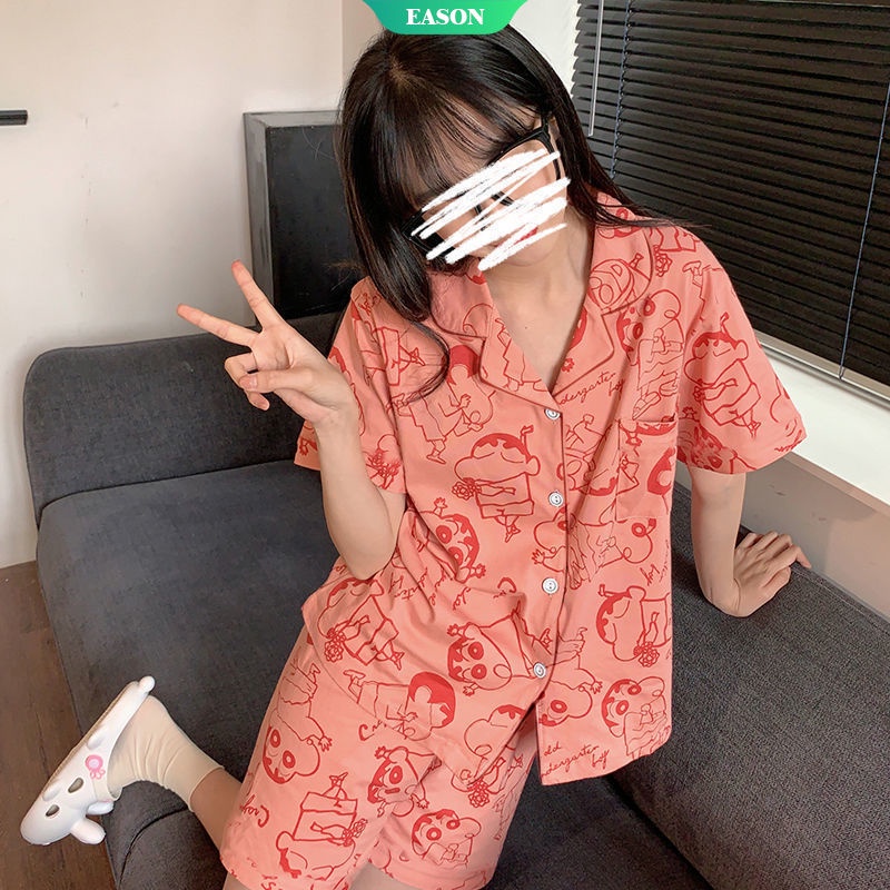 Bộ Đồ Ngủ Tay Ngắn In Hình Cậu Bé Bút Chì Shin-chan Phong Cách Hàn Quốc Dành Cho Nữ