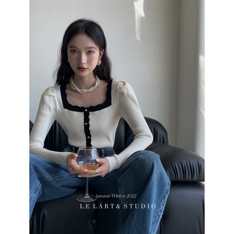 Áo Sweater Dệt Kim Tay Phồng Dài Cổ Vuông Màu Trơn Thời Trang Hàn Quốc Cho Nữ