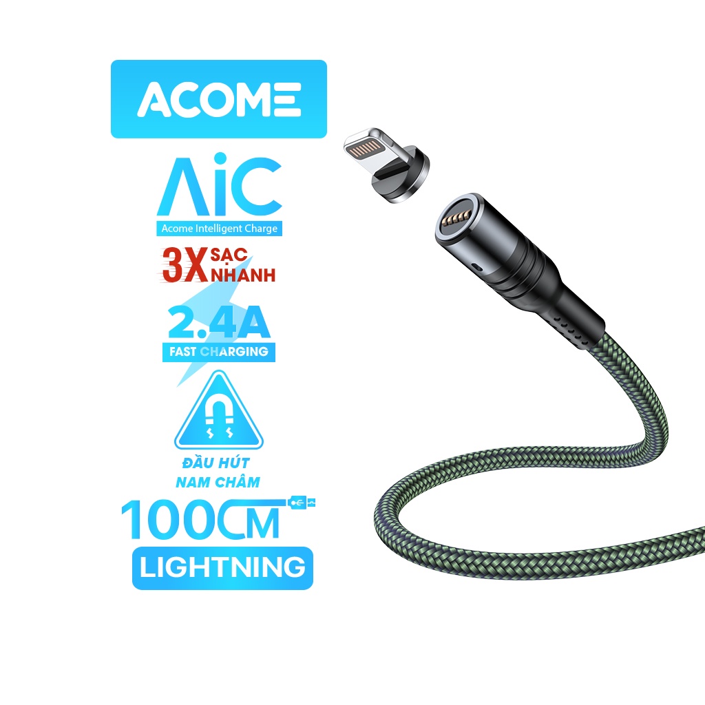 Cáp Sạc Nhanh ACOME AXL010/ AXC010/ AXM010 Cổng Lightning Micro Type C Đầu Hút Nam Châm  Dây Dù Bền Chắc