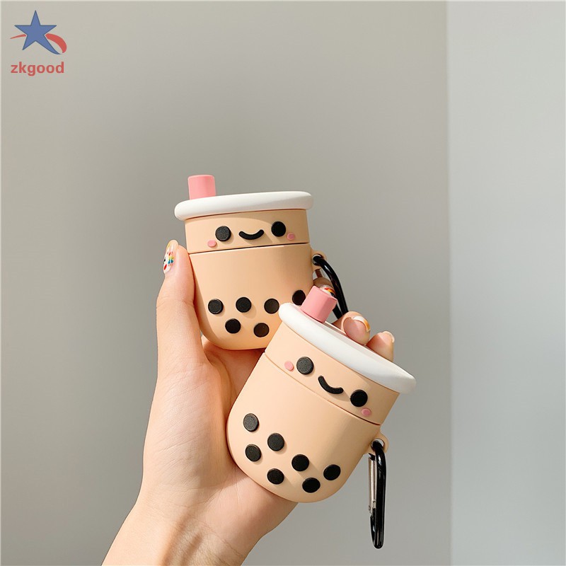 Bluetooth Headset Case Cute Cartoon Boba Tea with Keychain Silicone Dust-Proof Case For Airpods 1/2