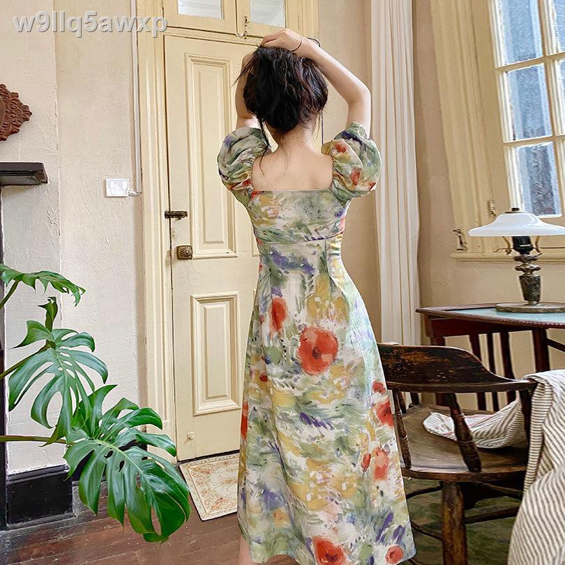 ☌✧Váy in tranh sơn dầu nữ mùa hè 2021 phong cách mới cổ điển Pháp vuông áo dài tay phồng hoa
