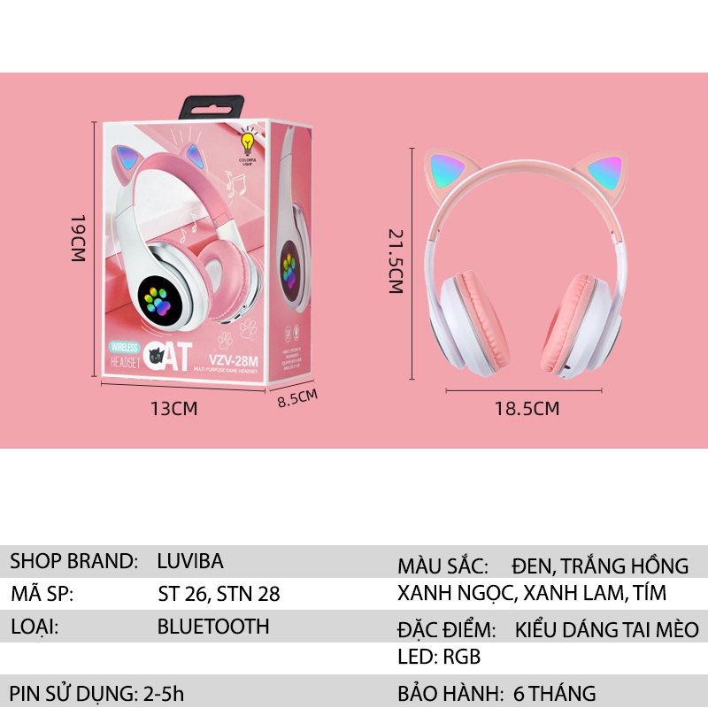 Tai nghe chụp tai không dây bluetooth mèo led giá rẻ LUVIBA TN02