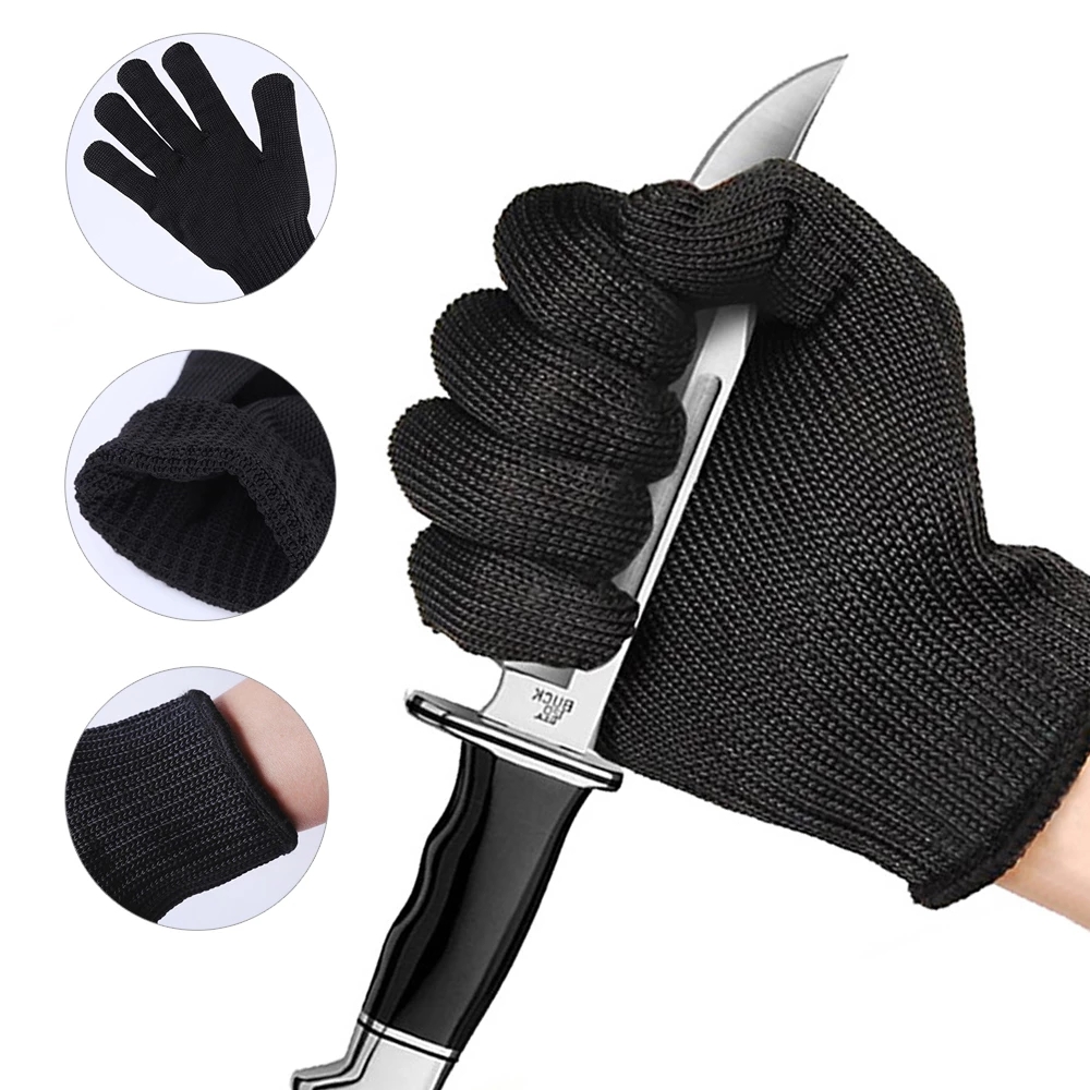 1 Đôi Găng Tay An Toàn Câu Cá / Săn Bắn Bằng Dây Thép Màu Đen Chống Cắt Tay Đa Năng