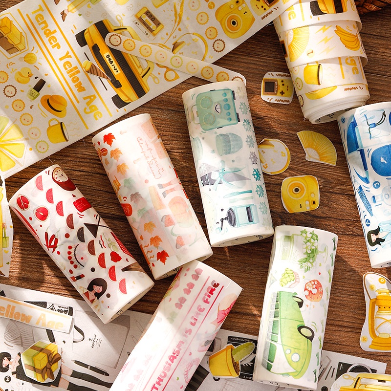 Washi tape cuộn bản rộng WS14 - Băng keo dán trang trí sổ tay phong cách retro