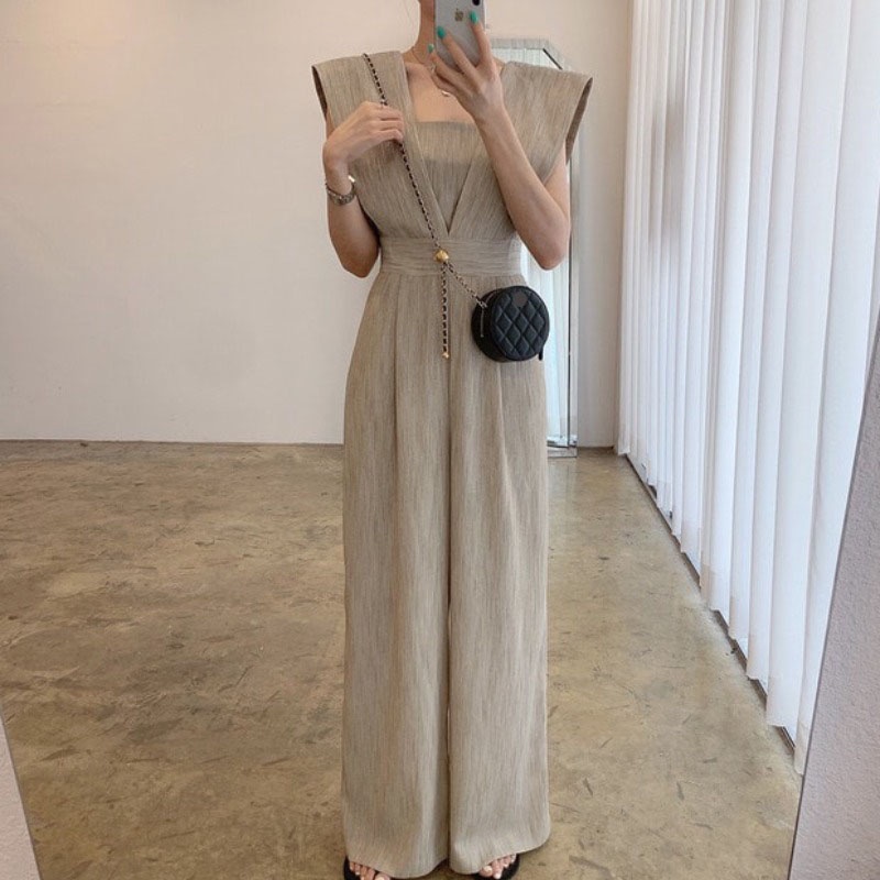 Korean-StylechicSummer Retro Square Collar Waist Slimming Loose All-Matching Long Sleeveless Jumpsuit Wide Leg Pants for Women | BigBuy360 - bigbuy360.vn