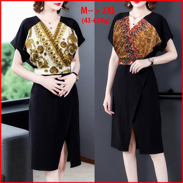 GOTI - Đầm Dự Tiệc Trung Niên Cao Cấp Cổ Đắp Chéo Kèm Thắt Lưng Phối Màu Cao Cấp 3241 3275 3253