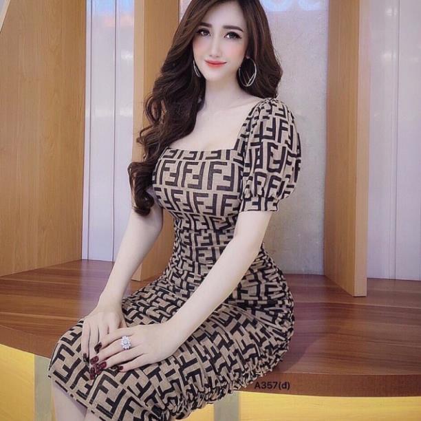 Đầm body thun dẻo in chuyển nhiệt cổ vuông nhún tay phồng họa tiết