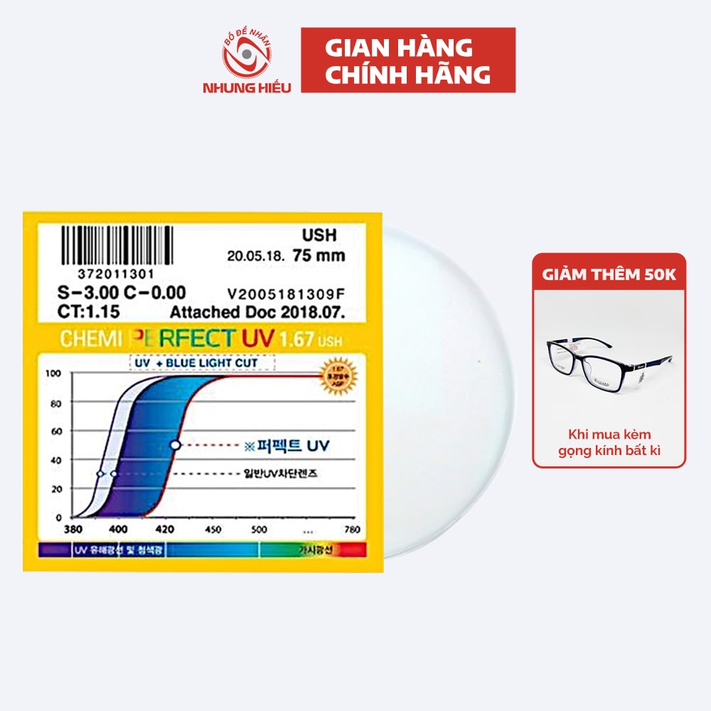 Tròng kính siêu mỏng NHUNG HIẾU CHEMI 1.67 U6 chống ánh sáng xanh, tia UV, chống loá - GIẢM 50K KHI MUA KÈM GỌNG