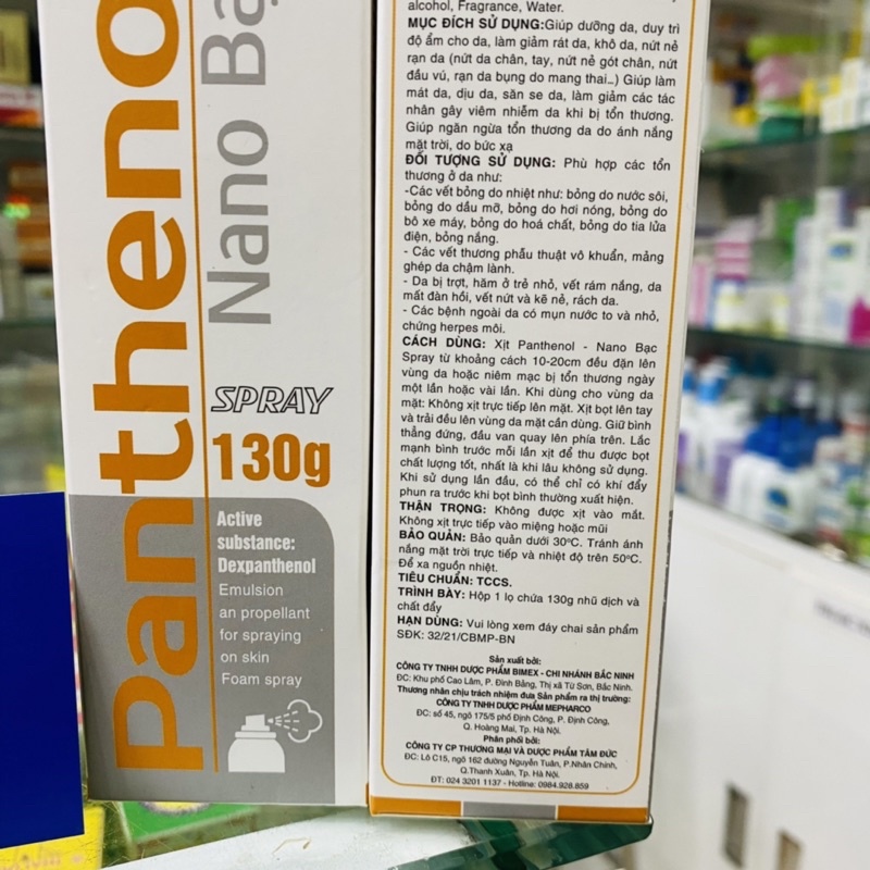 ✅ [Chính Hãng]  Panthenol Nano Bạc Spray (Chai 130g ) Giúp dưỡng da, duy trì độ ẩm cho da, làm giảm rát da