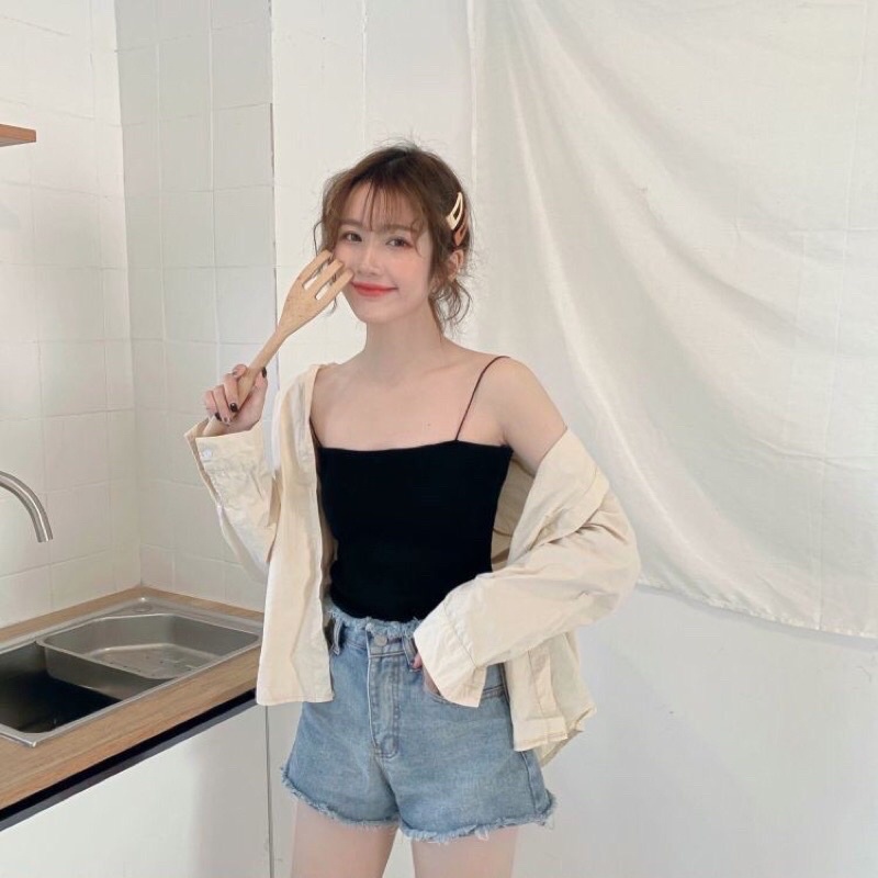 Áo hai dây cotton Croptop sợi bún HANA , dáng ôm Body, chất vải cotton thun mềm mịn co dãn tốt HANA STORE