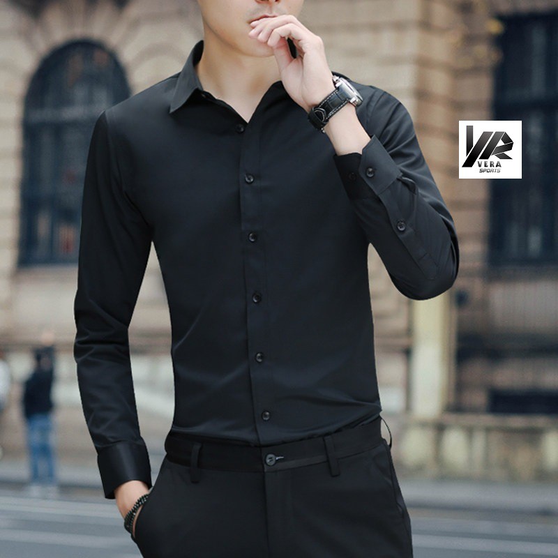 Áo sơ mi đen dài tay, cổ bẻ, vải lụa  co giãn, không nhăn,  xù  cao cấp Vera Shop - SML | BigBuy360 - bigbuy360.vn