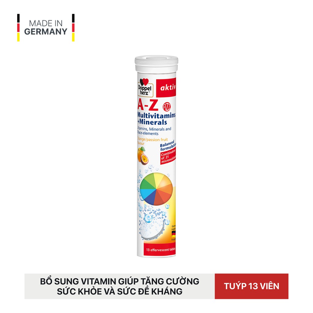 [TPCN Nhập Khẩu] Viên sủi bổ sung 21 Vitamin và khoáng chất Doppelherz A-Z Fizz Multivitamins and Minerals (Tuýp 13v)