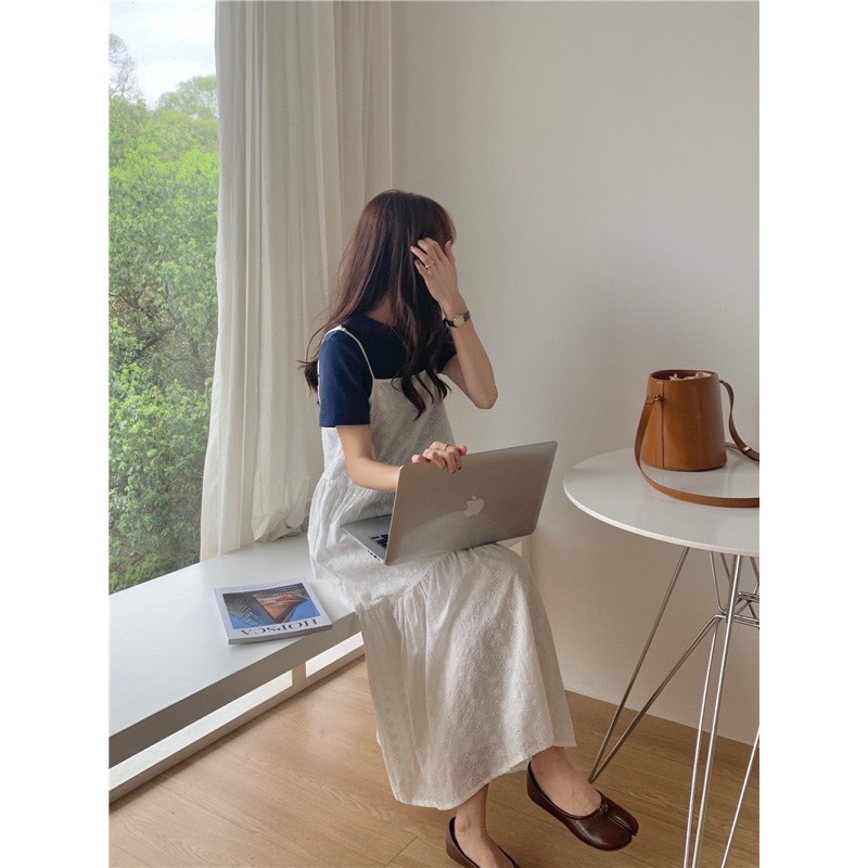 Đầm Babydoll trắng nữ 2 dây thêu hoa dập nổi có lớp lót – Da Nâu Vintage