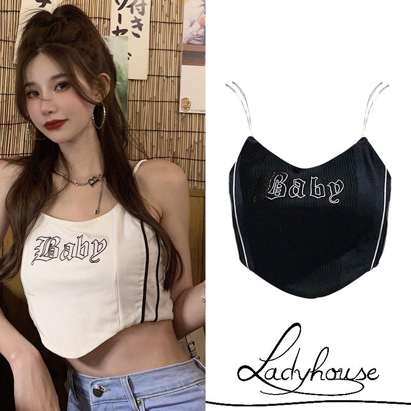 Áo Croptop Hai Dây Thêu Chữ Thời Trang Cho Nữ