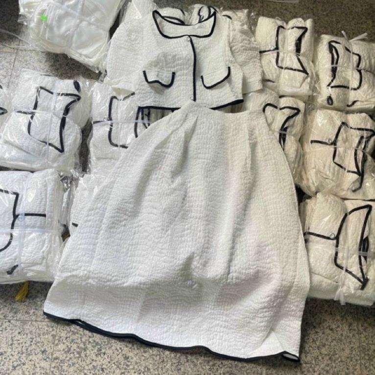 TTO Set váy nữ áo croptop trắng viền né đen phối chân váy xòe tiểu thư dự tiệc đám cưới nina lê