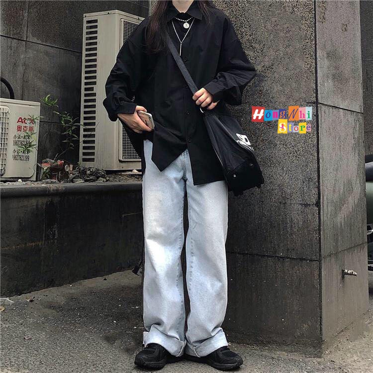 SƠ MI TRƠN DÁNG RỘNG BASIC UNISEX TAY DÀI MÀU ĐEN - MM | BigBuy360 - bigbuy360.vn