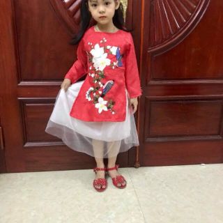 Set áo dài tết ren đính hoa nổi 3D siêu yêu