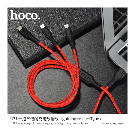 Cáp sạc nhanh 3 đầu Hoco + Micro USB + Type-C -Bọc dù X2 Max-Hàng[BH 1 ĐỔI 1]