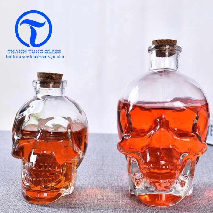 COMBO 2 CHAI .Bình Đựng Rượu Thủy Tinh Đầu Lâu Nút Gỗ 380Ml