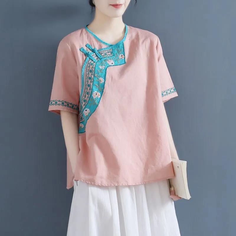 Áo Cotton Lanh Cổ Tròn Tay Ngắn Dáng Rộng Thêu Họa Tiết Phong Cách Dân Tộc Thời Trang Mùa Hè Mới