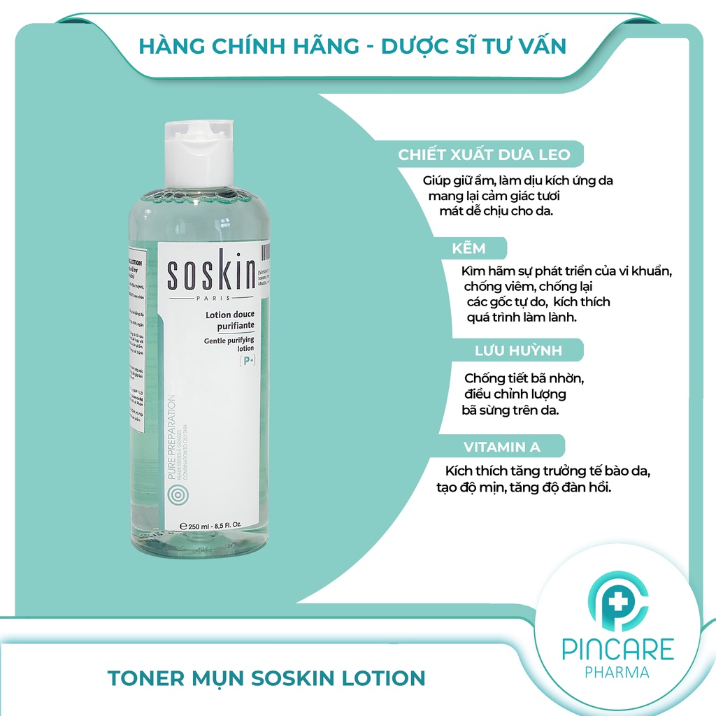 Toner se khít lỗ chân lông Soskin Gentle Purifying Lotion 250ml cho da dầu mụn - Hàng chính hãng - Nhà thuốc PinCare