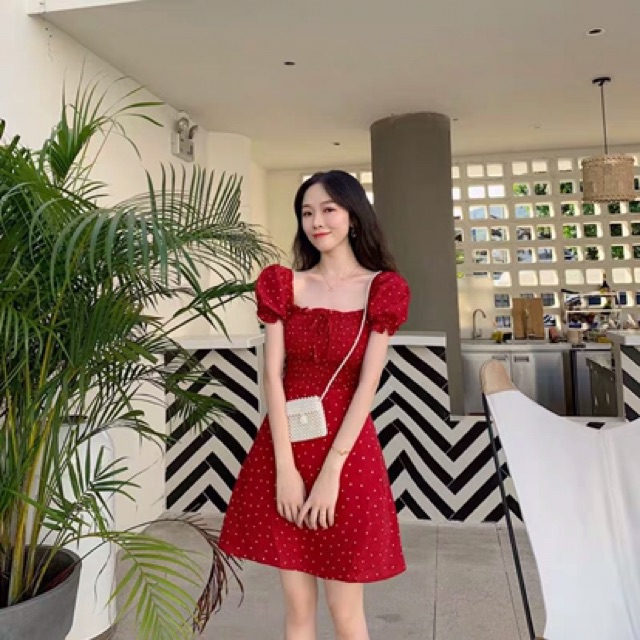 (sẵn S/M) Váy đỏ chấm bi ulzzang / Đầm đỏ cổ vuông tay bồng Quảng Châu