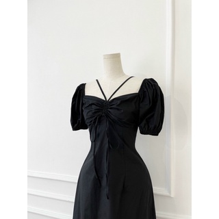 Đầm midi phối dây rút (S/M/L - Trắng/Đen)