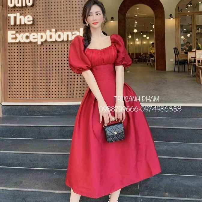 Váy đầm nữ dáng xoè tay phồng cổ vuông sang trọng quý phái