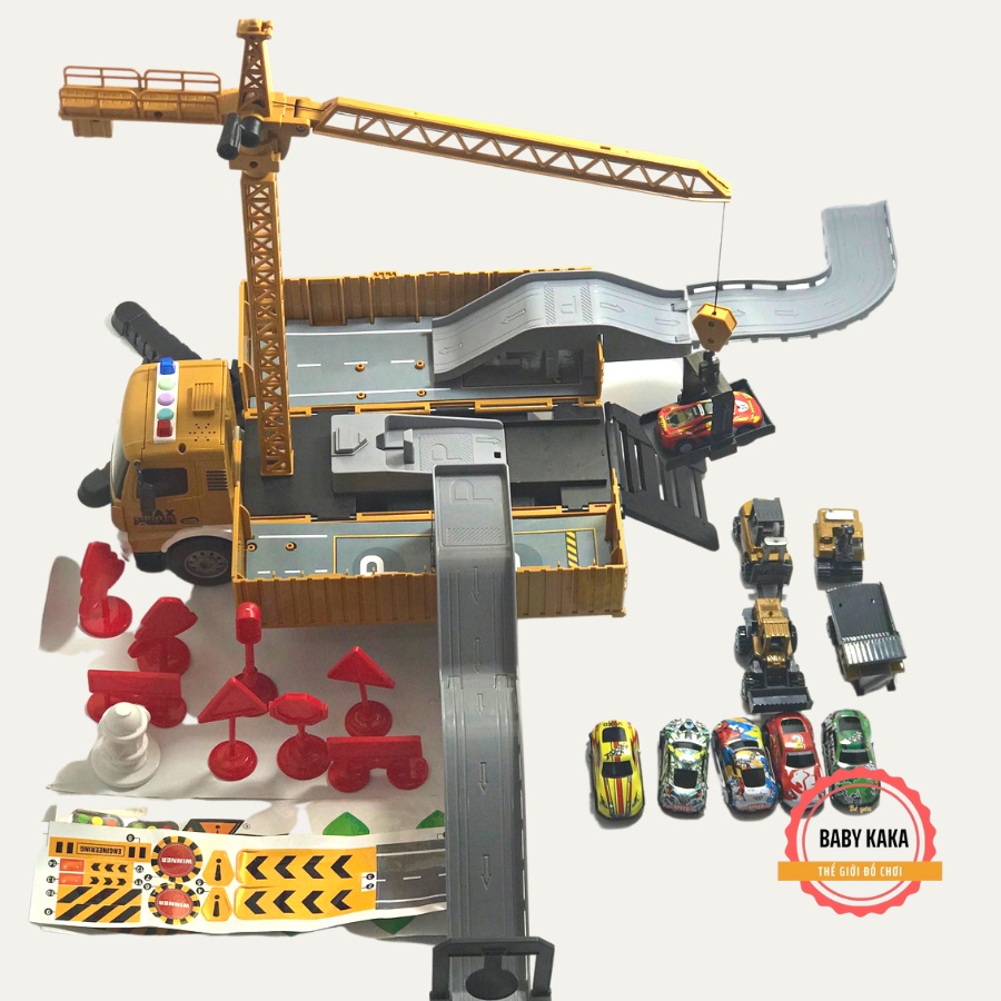Đồ chơi xe tải lớn cao cấp, cần cẩu xoay 360 độ [KÈM: 4 xe nhỏ chuyên dụng, biển báo giao thông, cầu trượt]