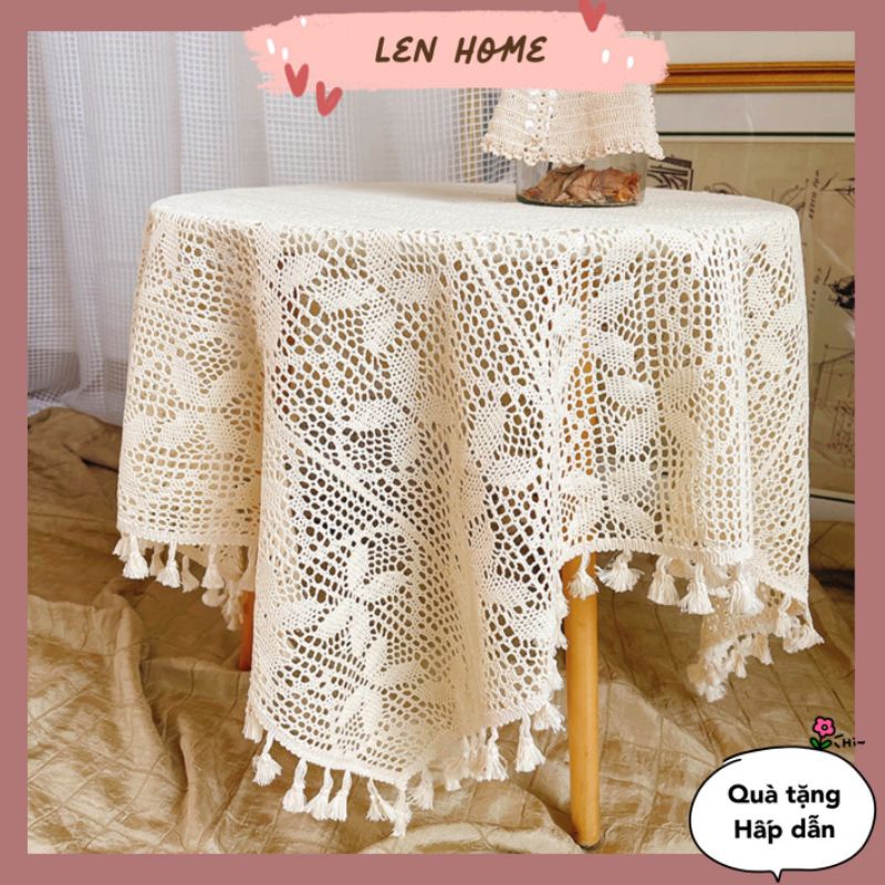 K03/Khăn trải bàn ren móc retro tua rua trang trí bàn trà decor nhà cửa vintage phong cách Âu lenhome sợi thủ công