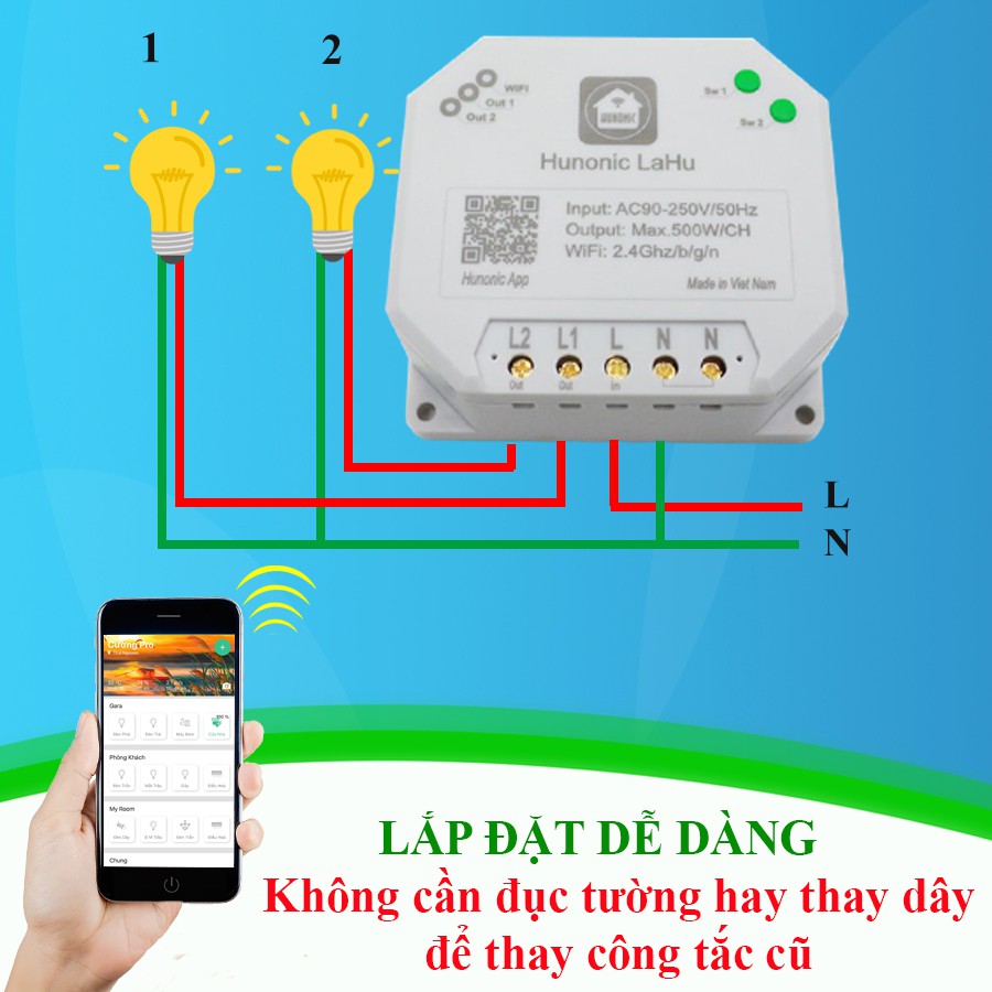 Công tắc wifi Lahu 4000W dùng cho máy bơm, bình nóng lạnh. Công tắc điều khiển từ xa qua điện thoại Made in Việt Nam