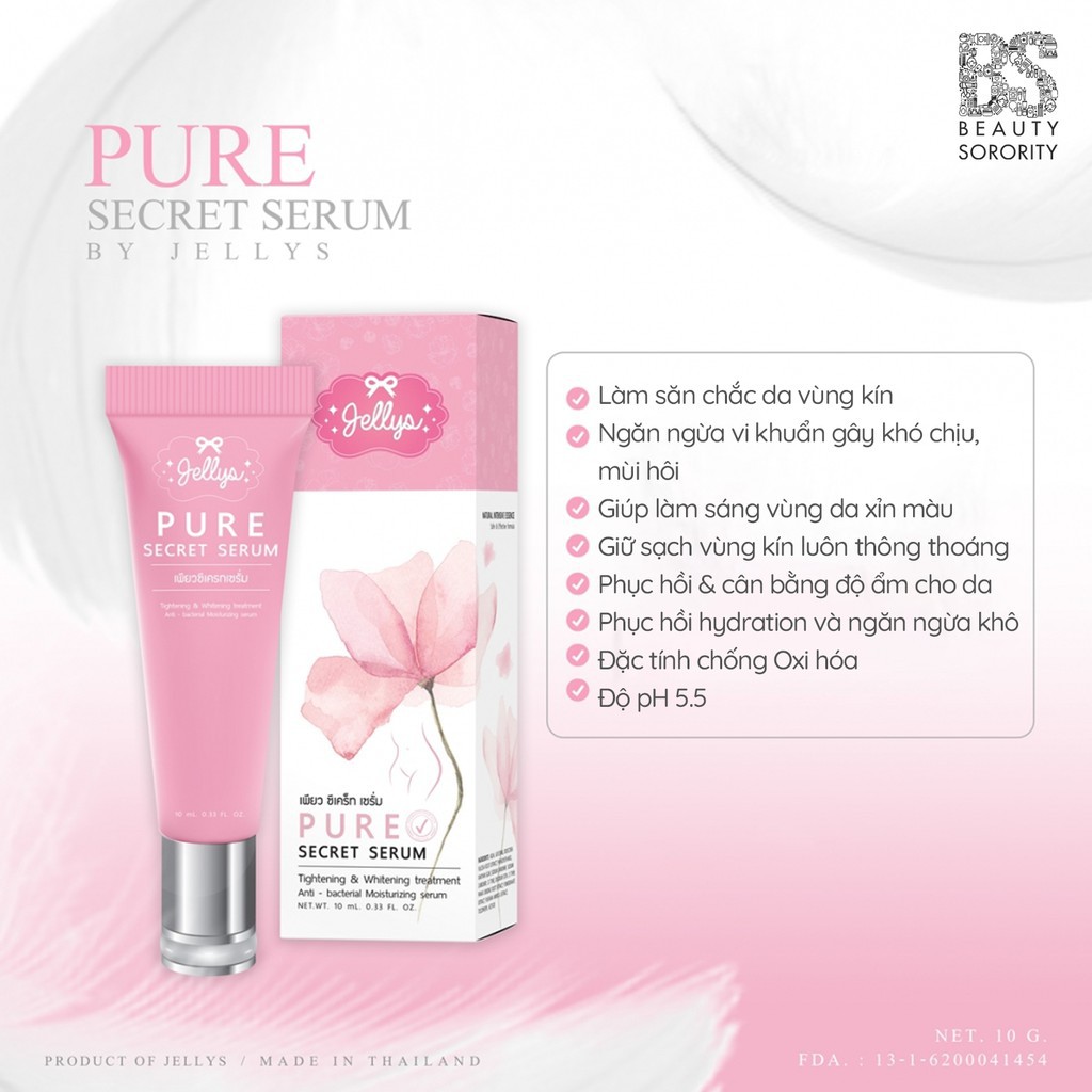 Serum Làm Hồng Và Se Khít Vùng Kín, Dưỡng Ẩm, Săn Chắc, Trẻ Hoá Vùng kín Jellys Pure Secret Serum 10ml Thái Lan