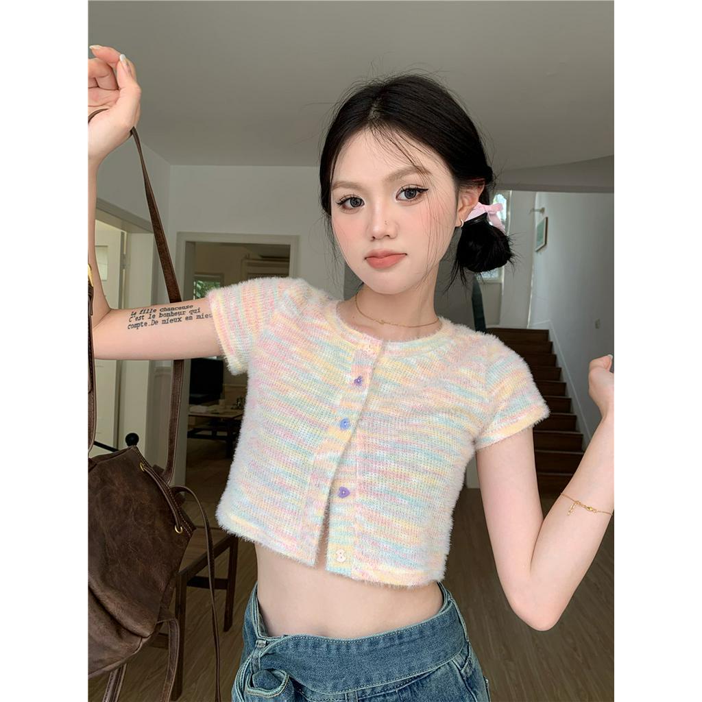 Áo Thun Dáng Ôm Ngắn Tay Phối Màu Cầu Vồng Thời Trang Cá Tính 63686