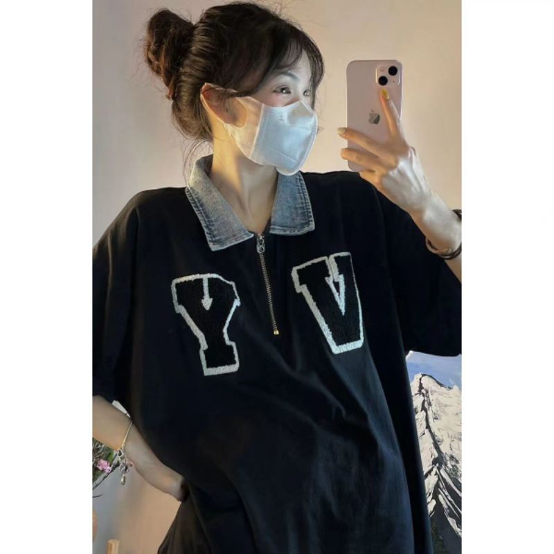 Áo polo nữ ulzzang màu đen tay ngắn phối cổ vải xanh thời trang chữ VY phong cách E-girl Hàn Quốc