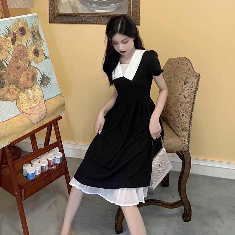 [Mã FATHANG5 giảm 10K đơn 50K] ĐẦM ĐEN XOÈ CỔ TRẮNG LAI BÈO TRẮNG | BigBuy360 - bigbuy360.vn