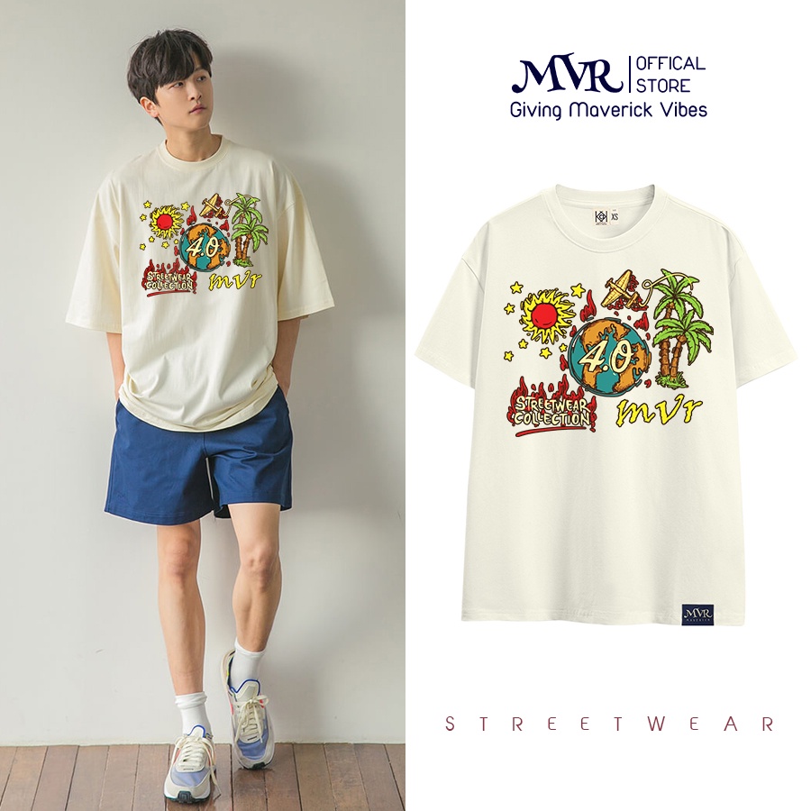 Áo phông thun Cotton phom rộng unisex chất ngầu cây dừa trái đất phong cách hiphop graffiti MVR size rộng tee Mỹ BB4116